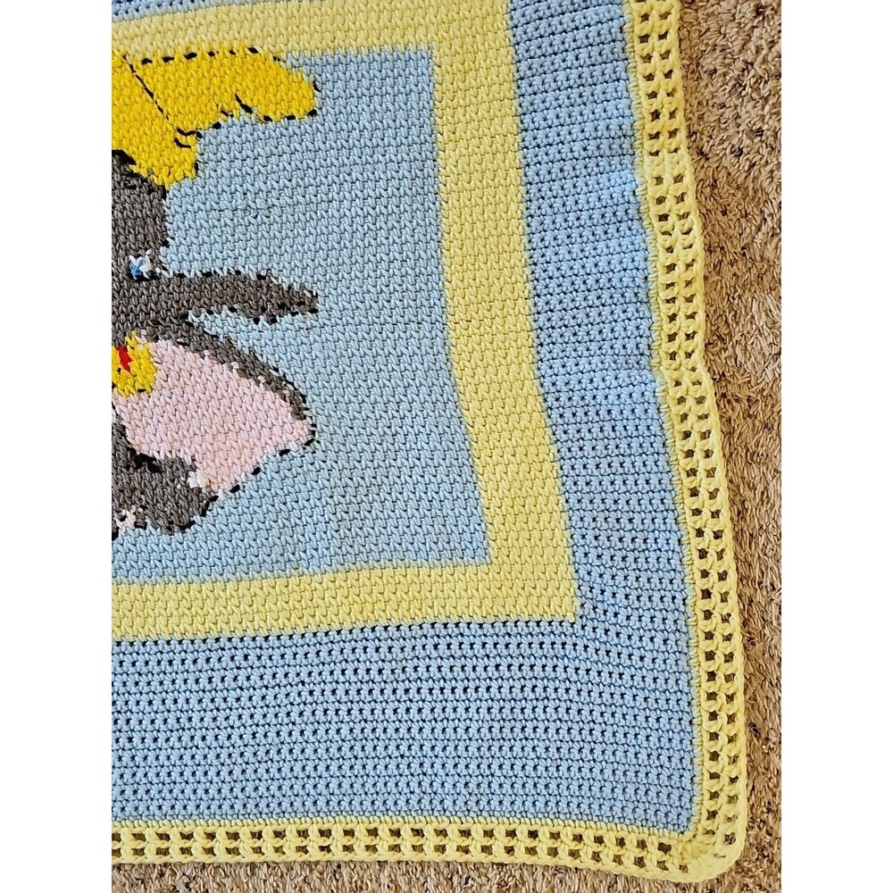 Dumbo Baby Blanket Handknit Crochet Blue Yellow Soft Knit Elephant Nursery Decor - Picture 13 of 13